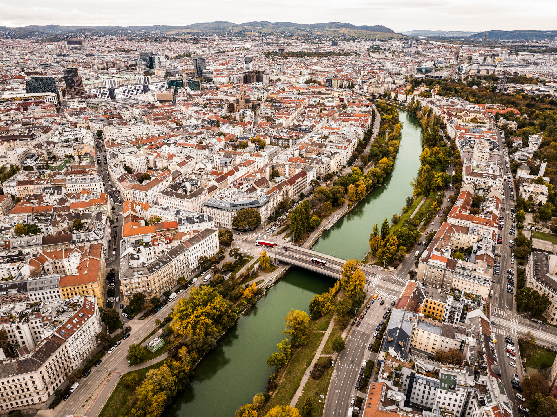 Drone photo of beautiful Vienna on autumn day.